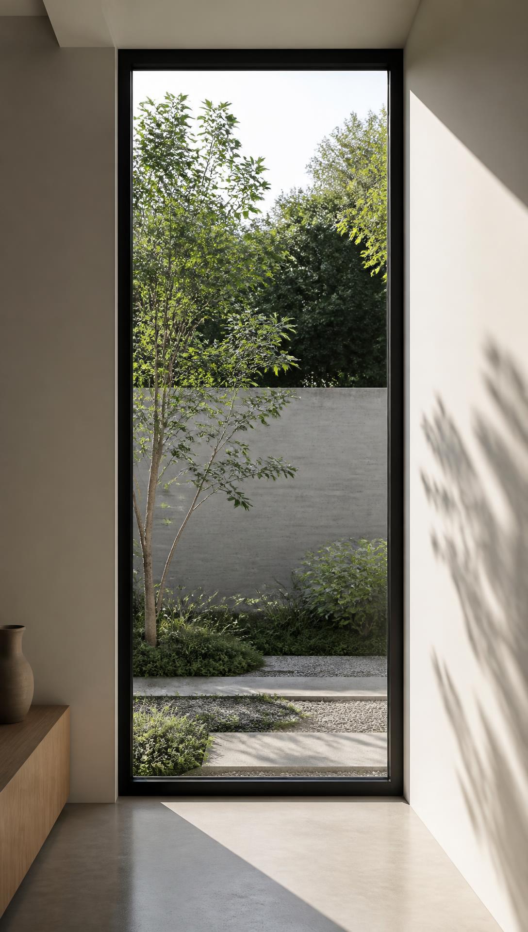 Slim-profile aluminium window looking into a landscaped garden